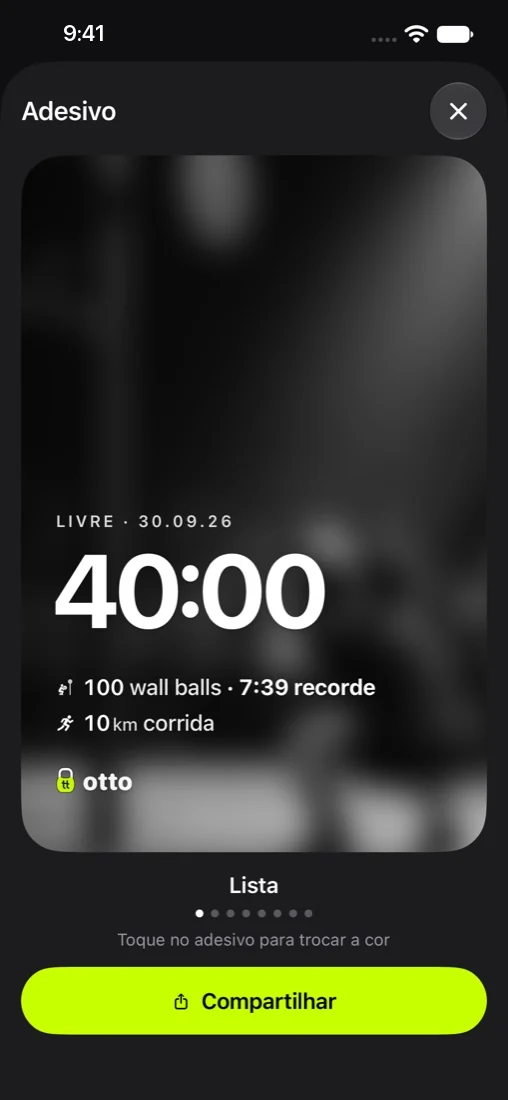 Tela Adesivo: o treino com tempo e estações em pictogramas sobre a foto, pronto para compartilhar.
