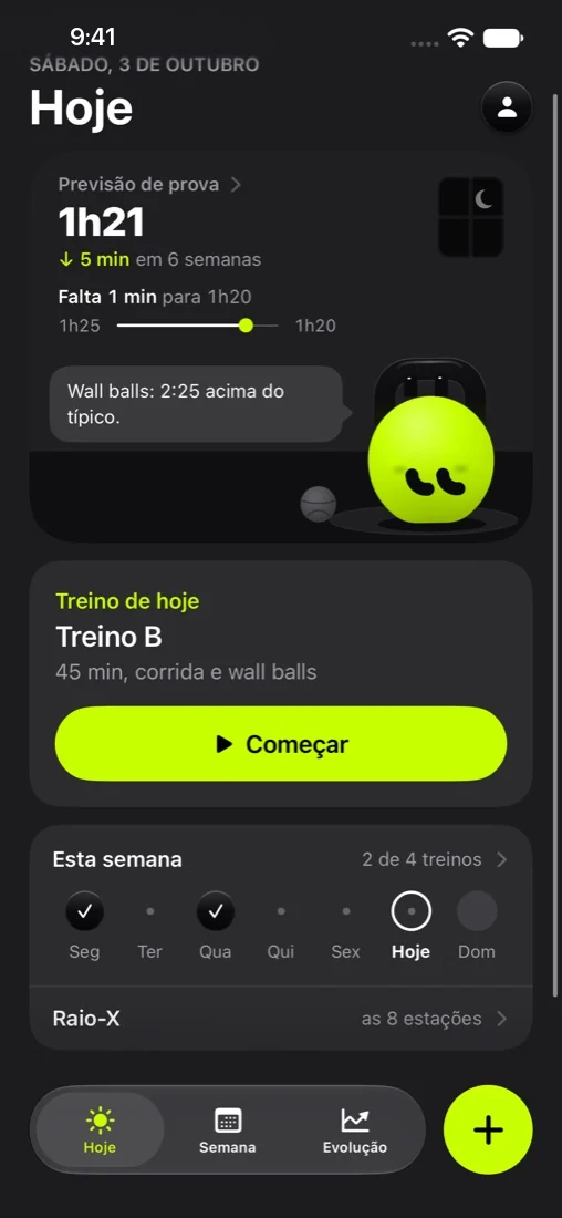 Tela Hoje: previsão de prova 1h21, 5 minutos a menos em 6 semanas, e o Otto avisando que wall balls estão 2:25 acima do típico.