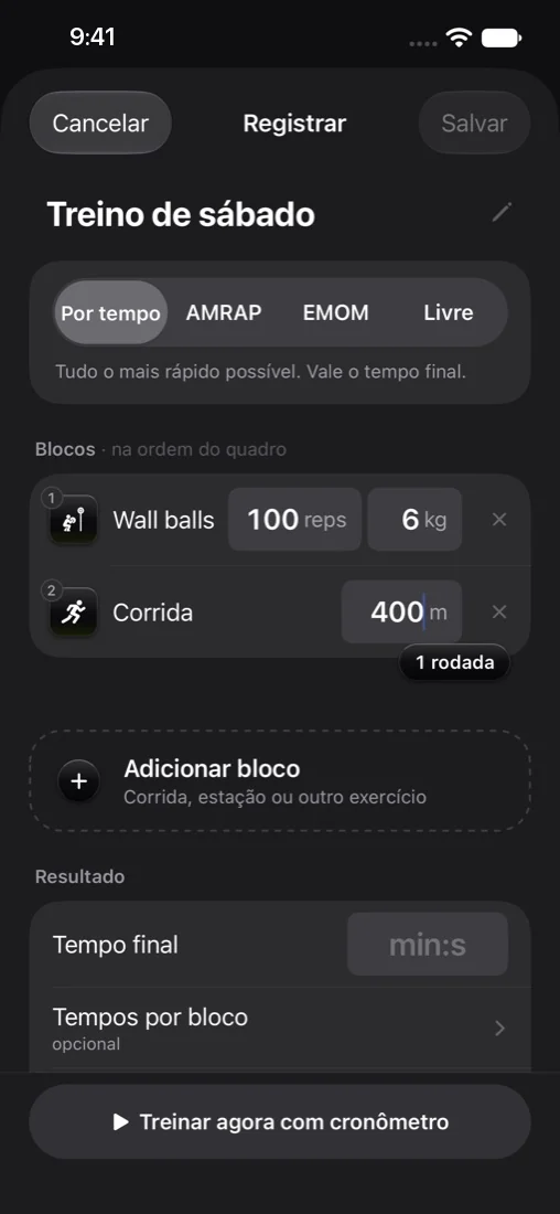 Tela Registrar do Otto: treino de sábado com 100 wall balls de 6 kg e 400 m de corrida, na ordem do quadro.