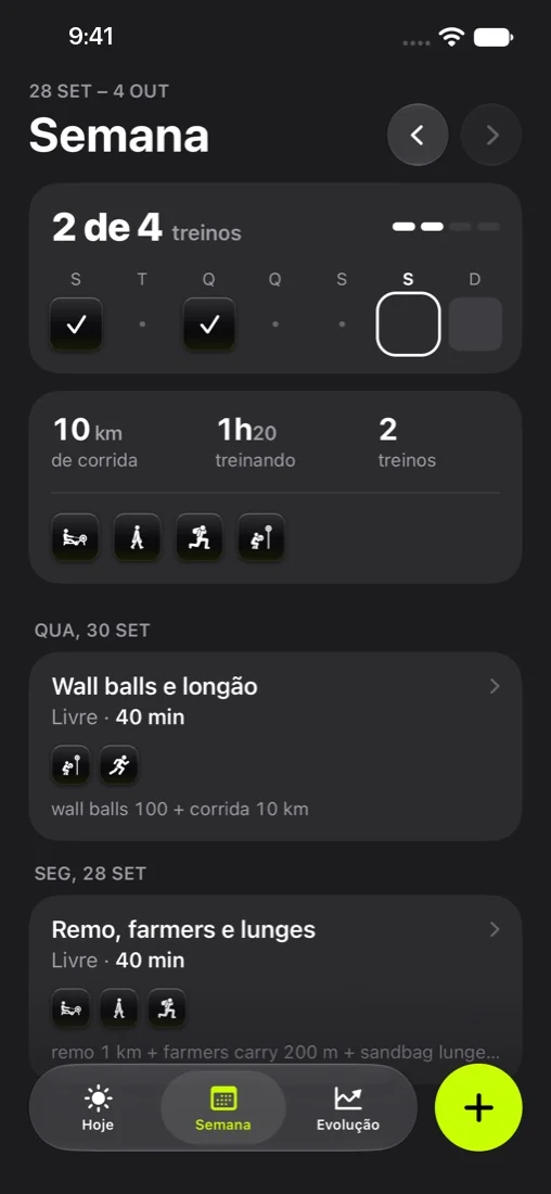 Tela Semana: 2 de 4 treinos, 10 km de corrida e as estações treinadas.